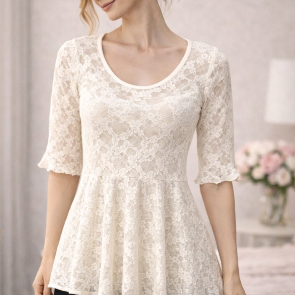 Very Delicate Feminine Romantic Style Cream Lace Blouse Top - Picture 1 of 7